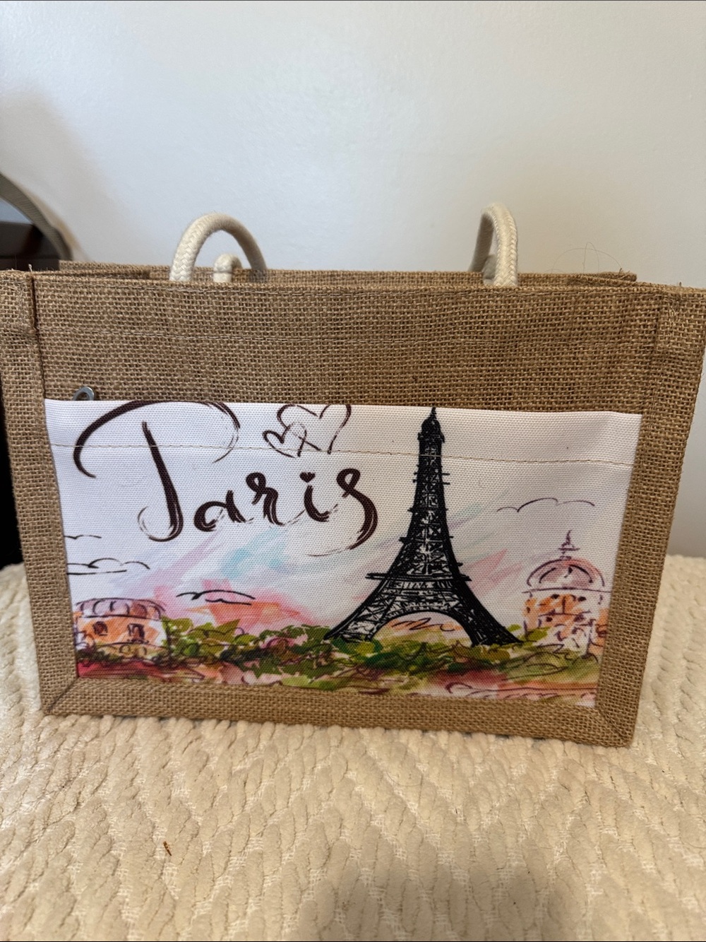 Paris Eiffel Tower Jute Tote Bag in Natural and White